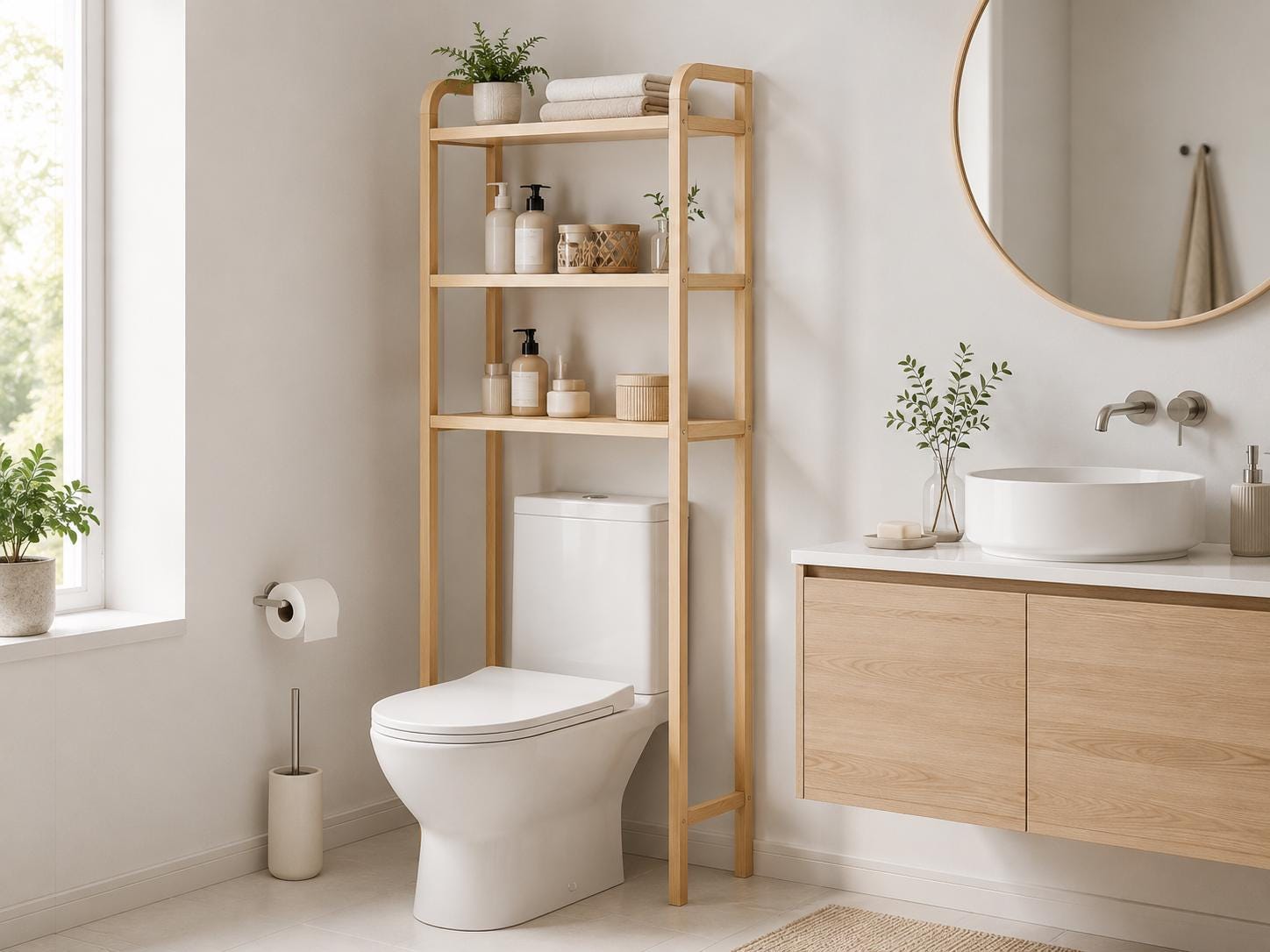 Natural Pine Wood Over Toilet Shelf Unit