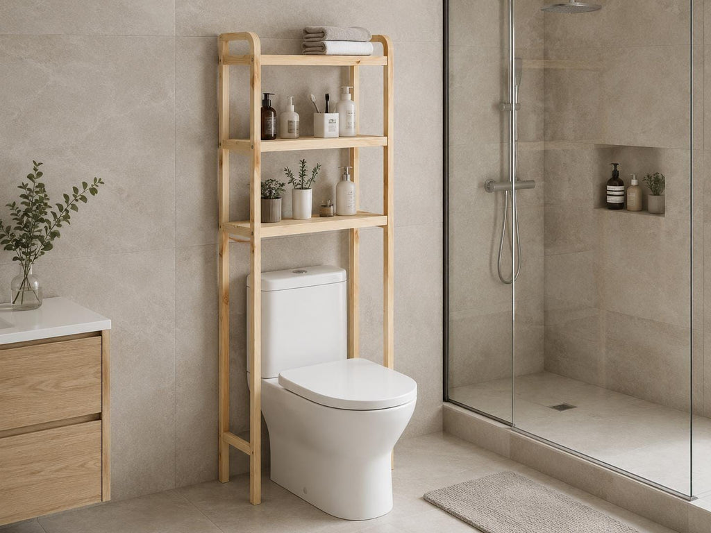 Natural Pine Wood Over Toilet Shelf Unit