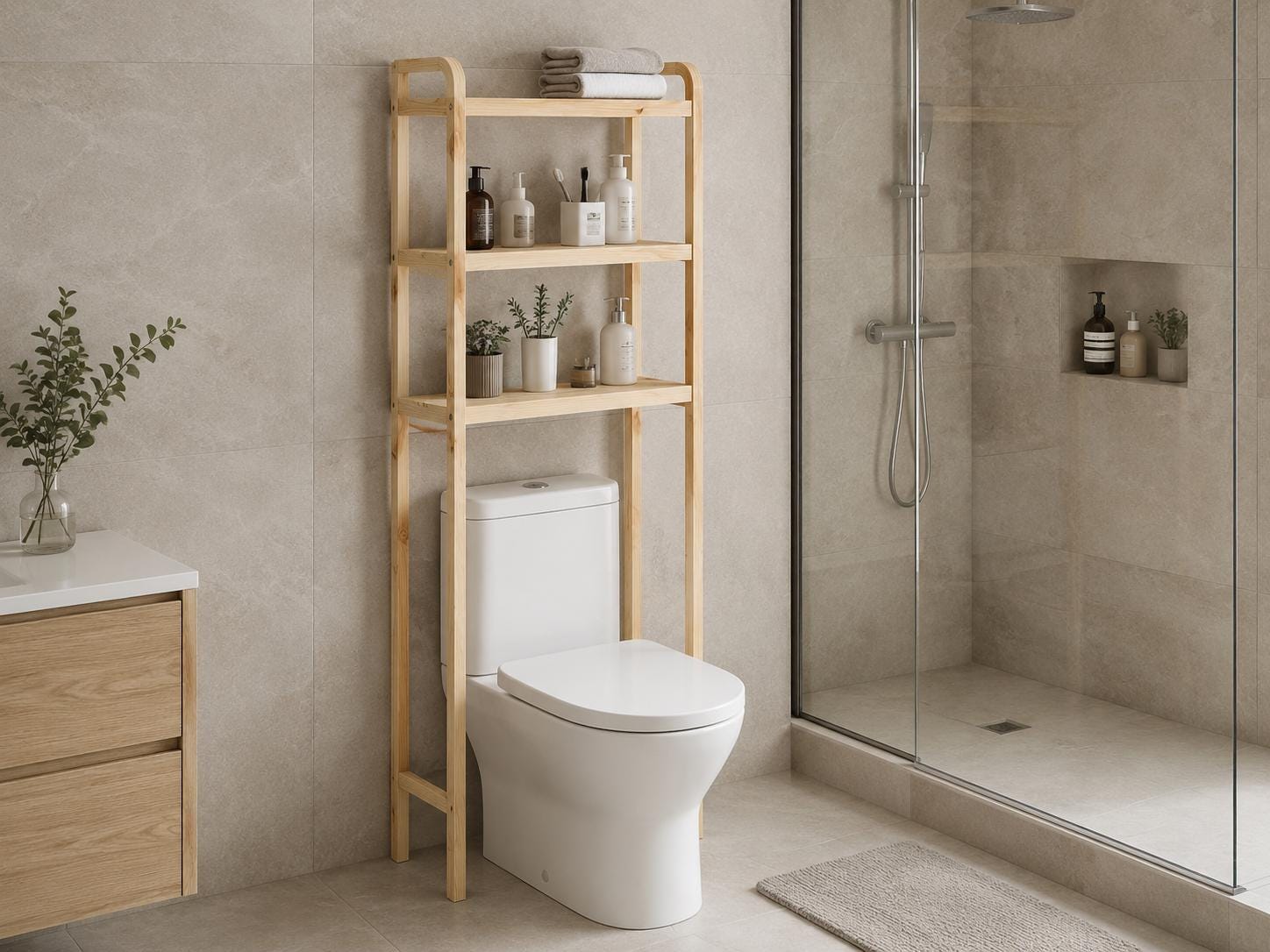 Natural Pine Wood Over Toilet Shelf Unit
