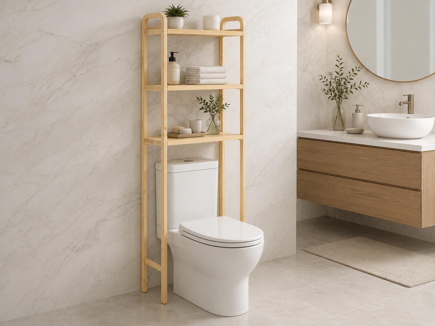 Natural Pine Wood Over Toilet Shelf Unit