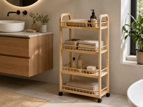 4-Tier Black Pine Wood Storage Cart with Wheels