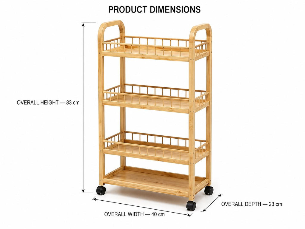 4-Tier Black Pine Wood Storage Cart with Wheels