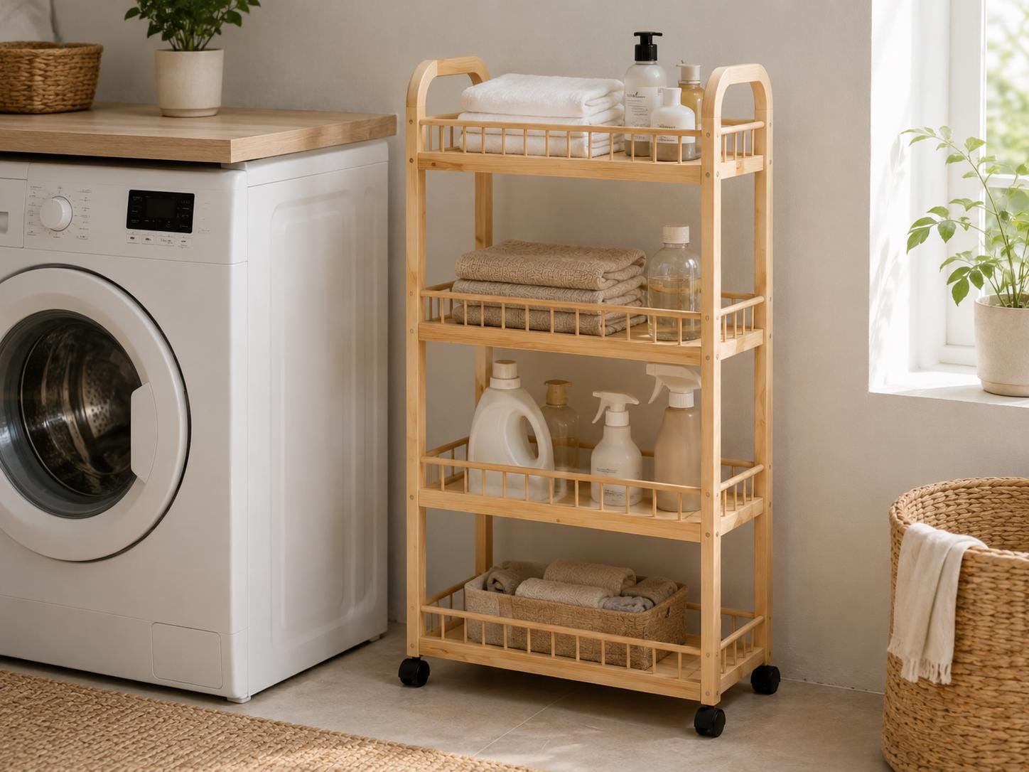 4-Tier Black Pine Wood Storage Cart with Wheels