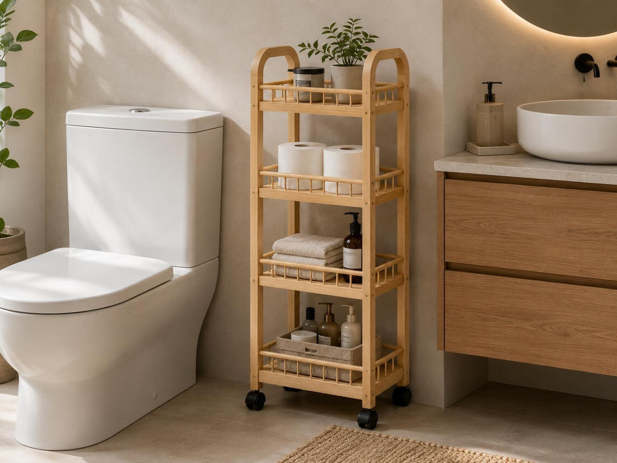 4-Tier Black Pine Wood Storage Cart with Wheels