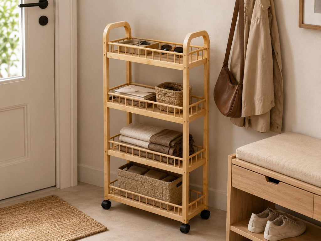 4-Tier Black Pine Wood Storage Cart with Wheels