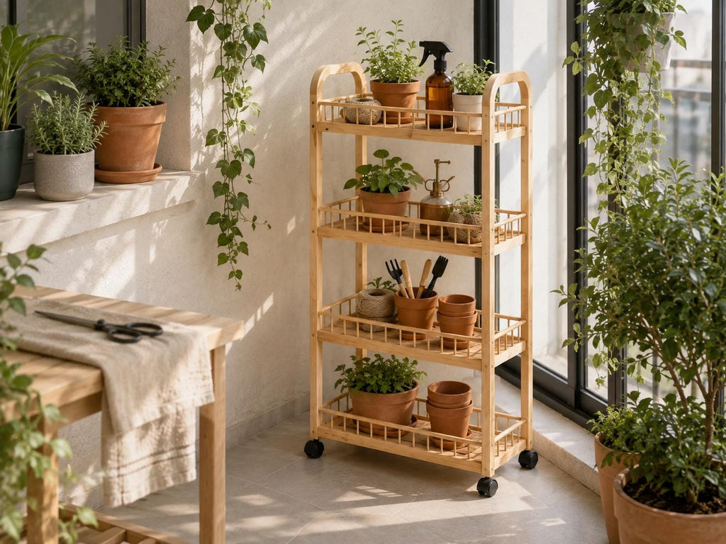 4-Tier Black Pine Wood Storage Cart with Wheels