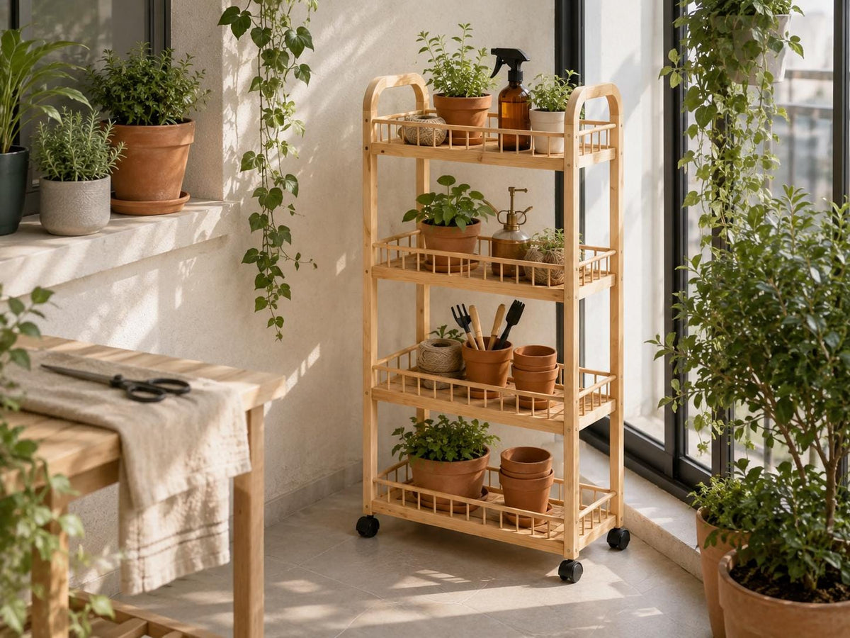 4-Tier Black Pine Wood Storage Cart with Wheels