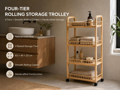 4-Tier Black Pine Wood Storage Cart with Wheels