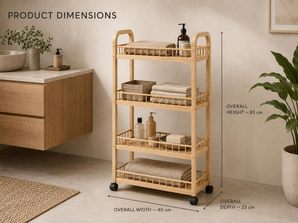 4-Tier Black Pine Wood Storage Cart with Wheels