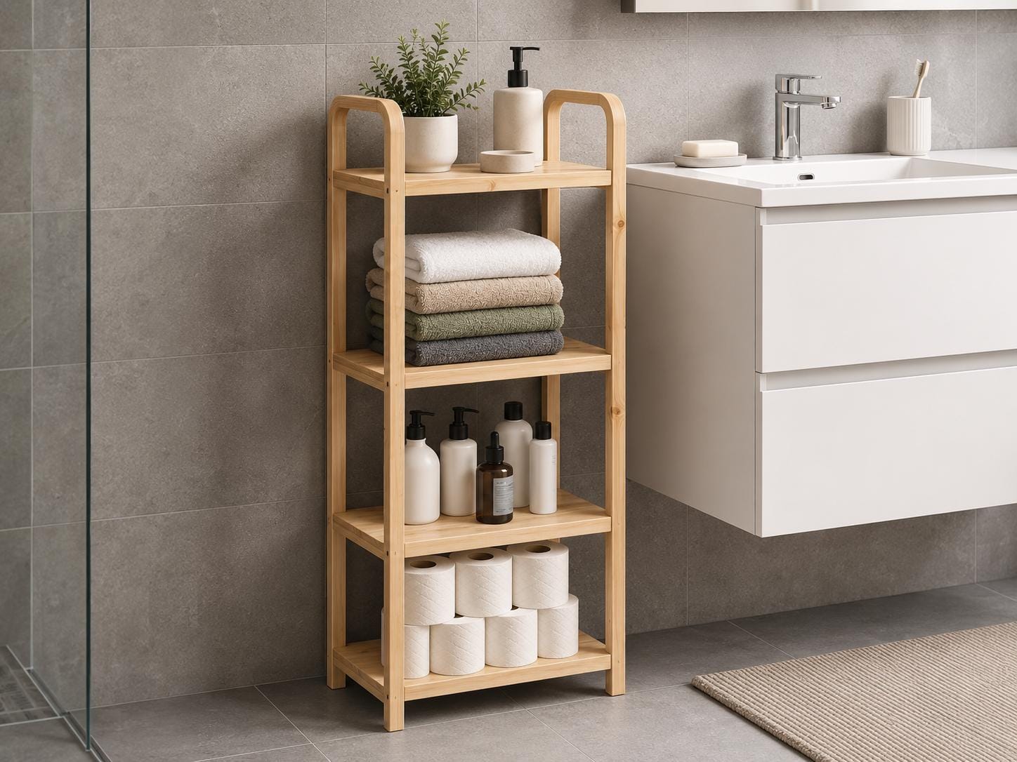 Natural Pine Wood Storage Rack with 4 Tiers