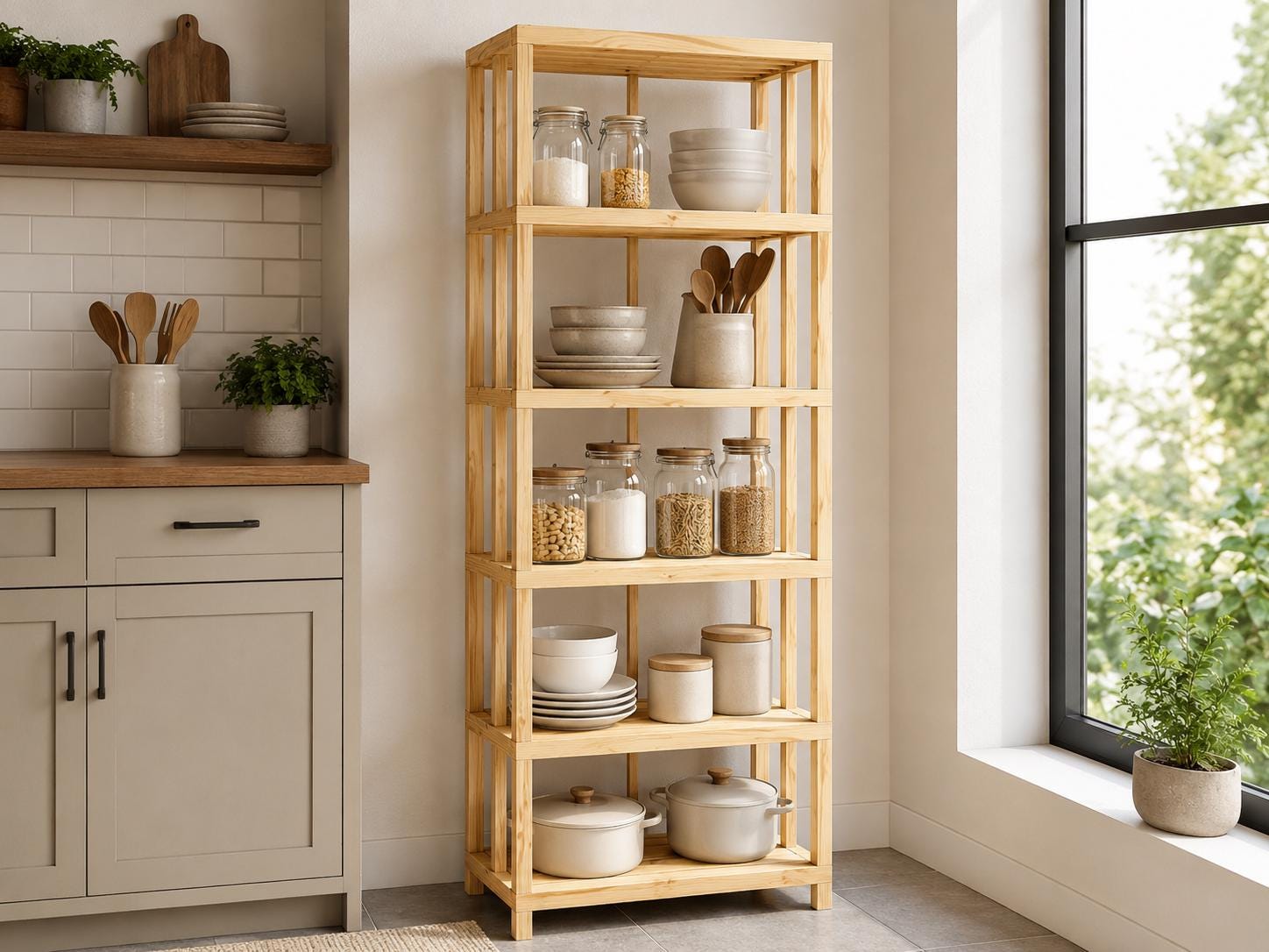 Natural Pine Wood 5-Shelf Bathroom Organizer