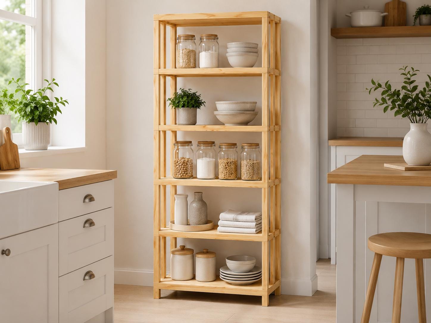 Natural Pine Wood 5-Shelf Bathroom Organizer