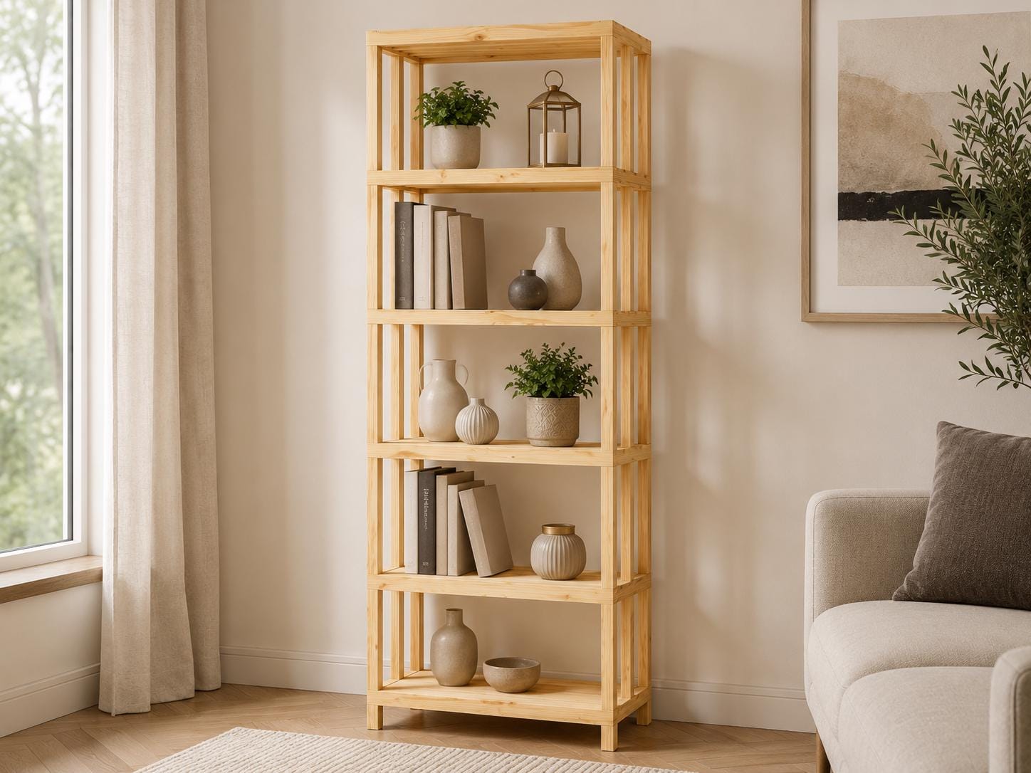 Natural Pine Wood 5-Shelf Bathroom Organizer