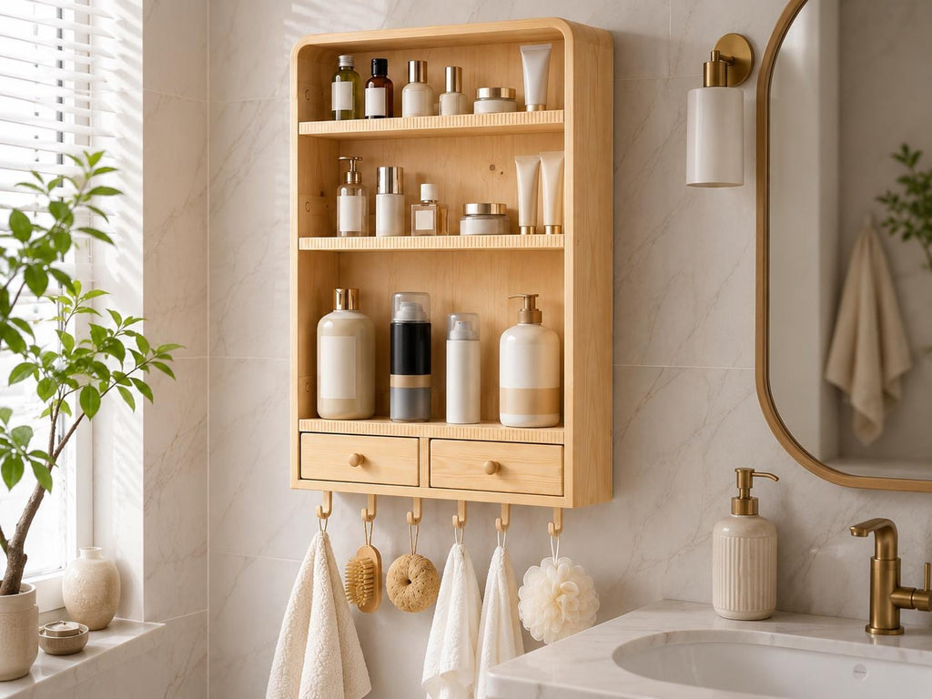 Natural Pine Wall Cabinet with Drawers for Bathroom