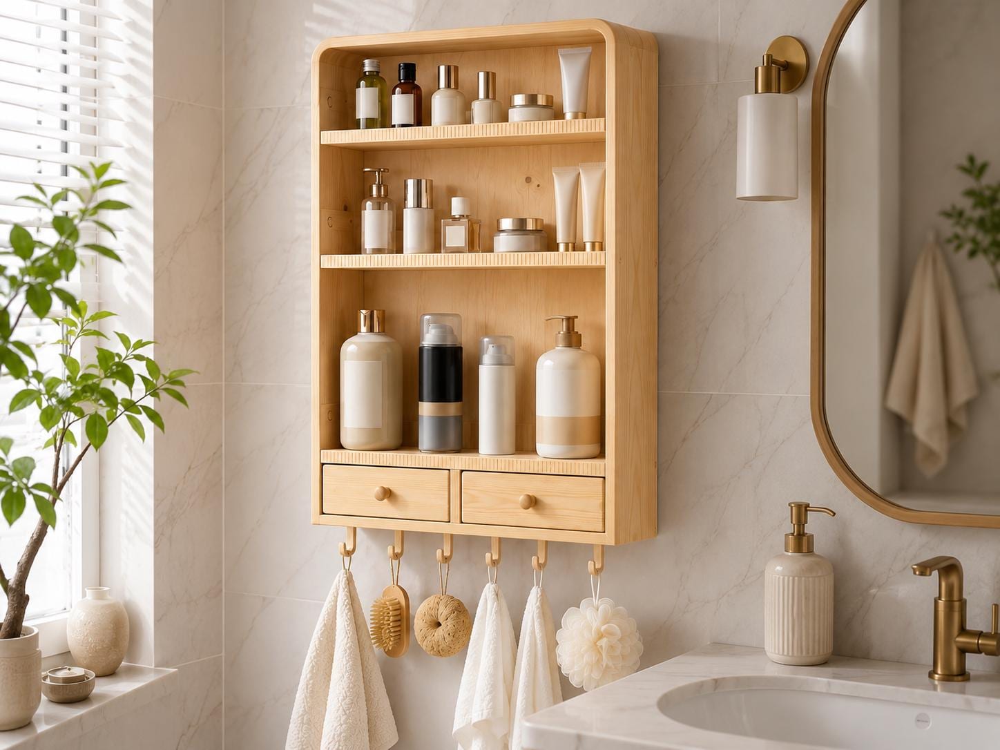 Natural Pine Wall Cabinet with Drawers for Bathroom
