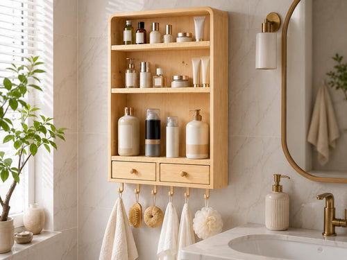 Natural Pine Wall Cabinet with Drawers for Bathroom