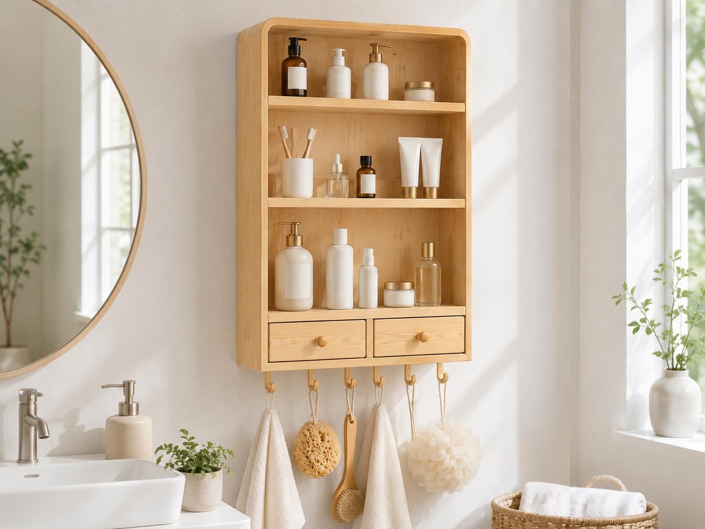 Natural Pine Wall Cabinet with Drawers for Bathroom
