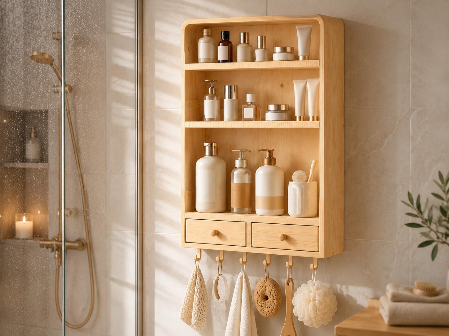 Natural Pine Wall Cabinet with Drawers for Bathroom