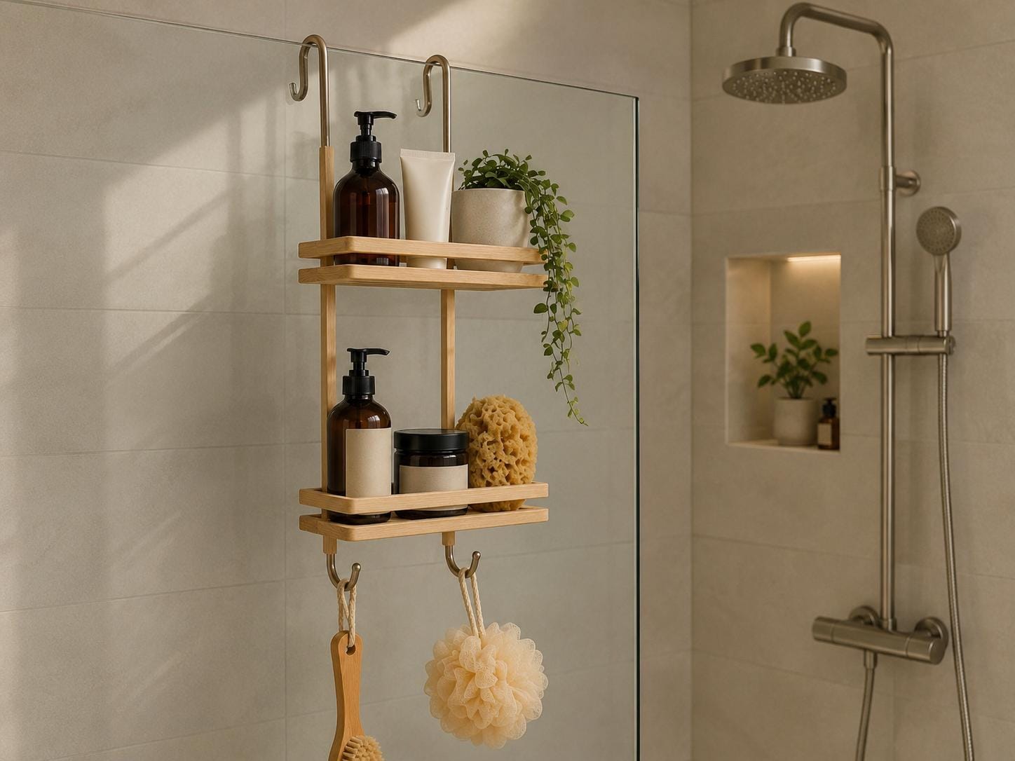 Natural Pine Wood Two-Tier Shower Caddy | Over-Door Bathroom Organizer