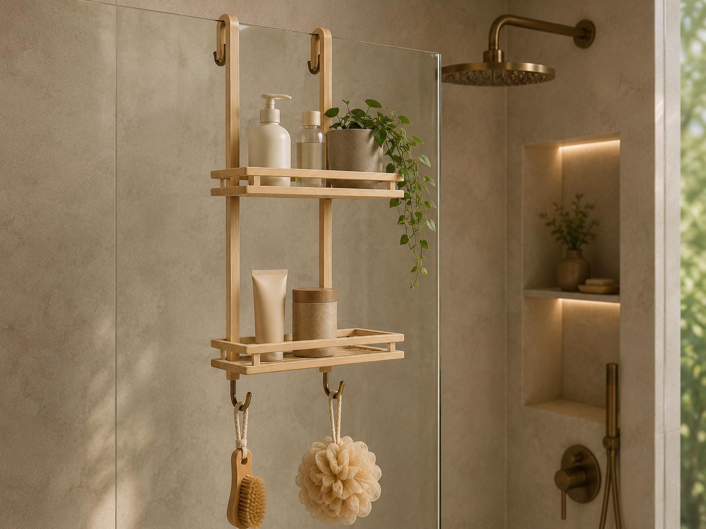 Natural Pine Wood Two-Tier Shower Caddy | Over-Door Bathroom Organizer
