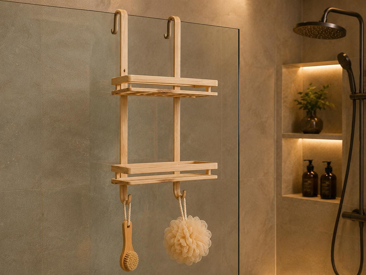 Natural Pine Wood Two-Tier Shower Caddy | Over-Door Bathroom Organizer