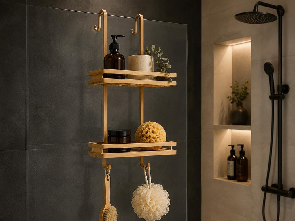 Natural Pine Wood Two-Tier Shower Caddy | Over-Door Bathroom Organizer