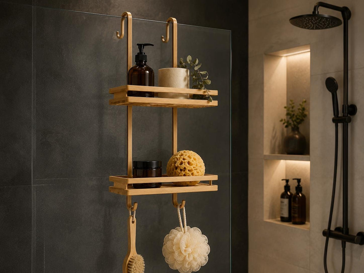 Natural Pine Wood Two-Tier Shower Caddy | Over-Door Bathroom Organizer