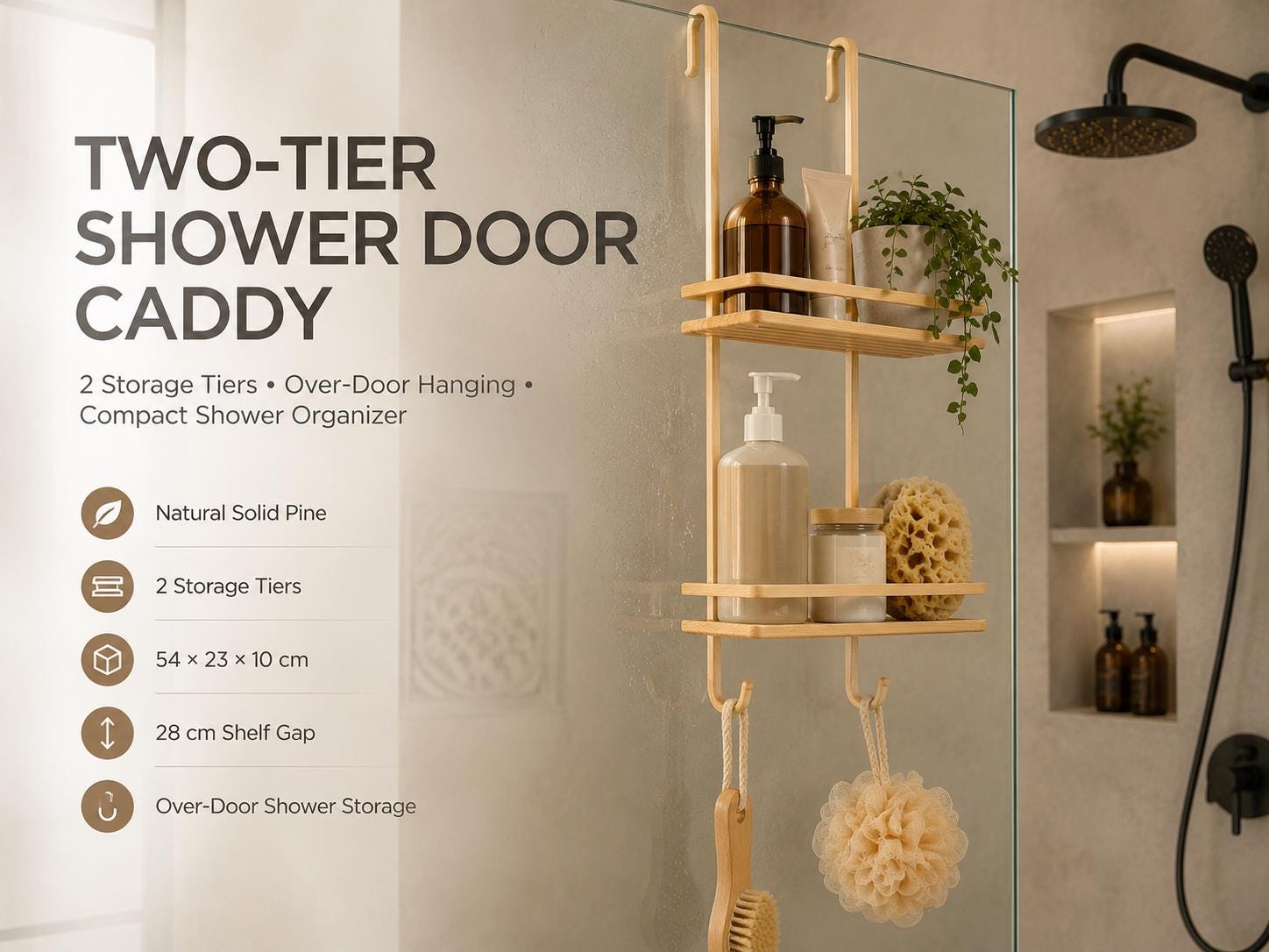 Natural Pine Wood Two-Tier Shower Caddy | Over-Door Bathroom Organizer