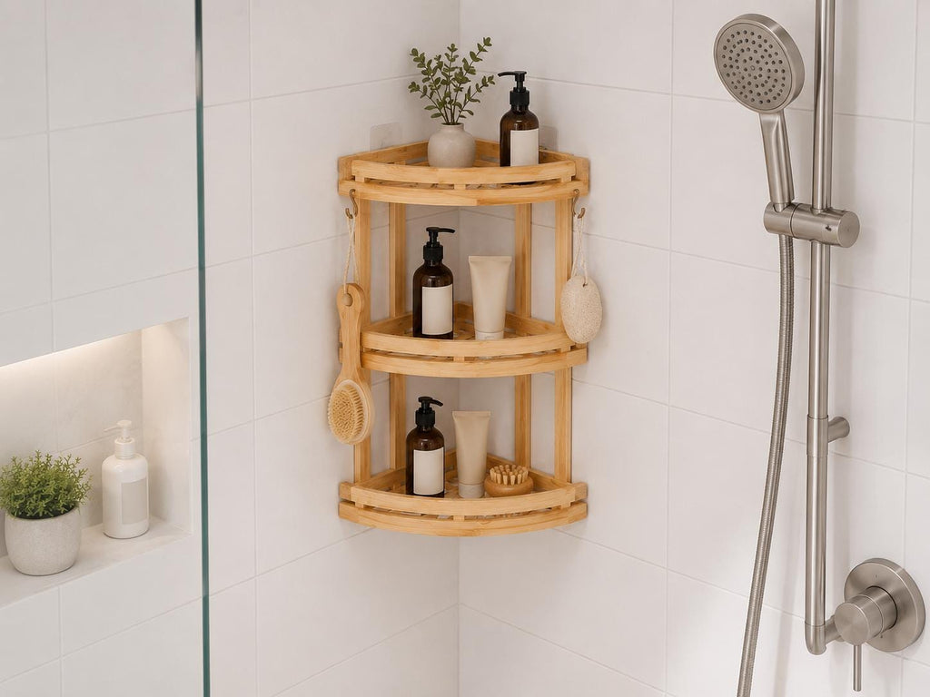 Natural Pine Wood Bathroom Storage, Eco-Friendly Shower Shelf, Stylish Home Organization, Bathroom Decor