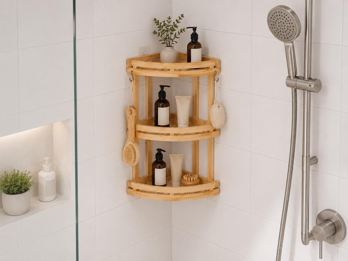 Natural Pine Wood Bathroom Storage, Eco-Friendly Shower Shelf, Stylish Home Organization, Bathroom Decor