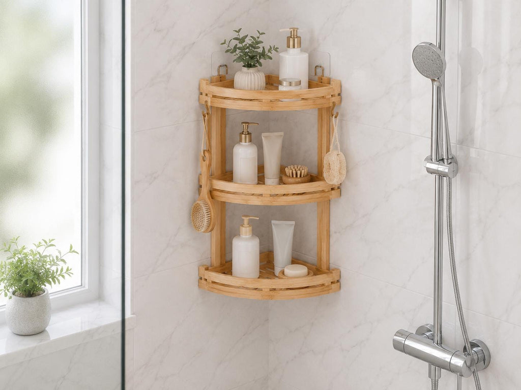 Natural Pine Wood Bathroom Storage, Eco-Friendly Shower Shelf, Stylish Home Organization, Bathroom Decor