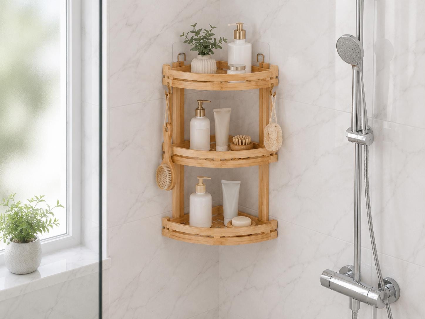 Natural Pine Wood Bathroom Storage, Eco-Friendly Shower Shelf, Stylish Home Organization, Bathroom Decor