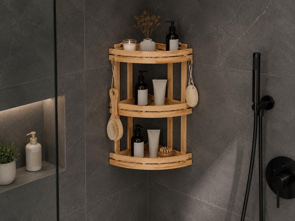 Natural Pine Wood Bathroom Storage, Eco-Friendly Shower Shelf, Stylish Home Organization, Bathroom Decor