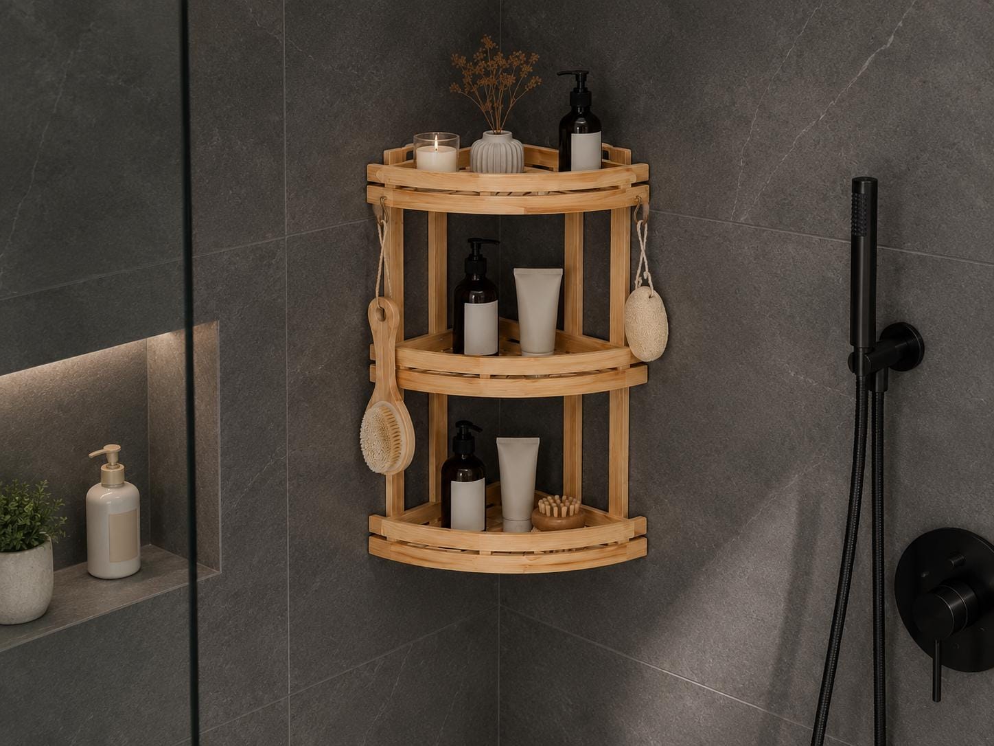 Natural Pine Wood Bathroom Storage, Eco-Friendly Shower Shelf, Stylish Home Organization, Bathroom Decor