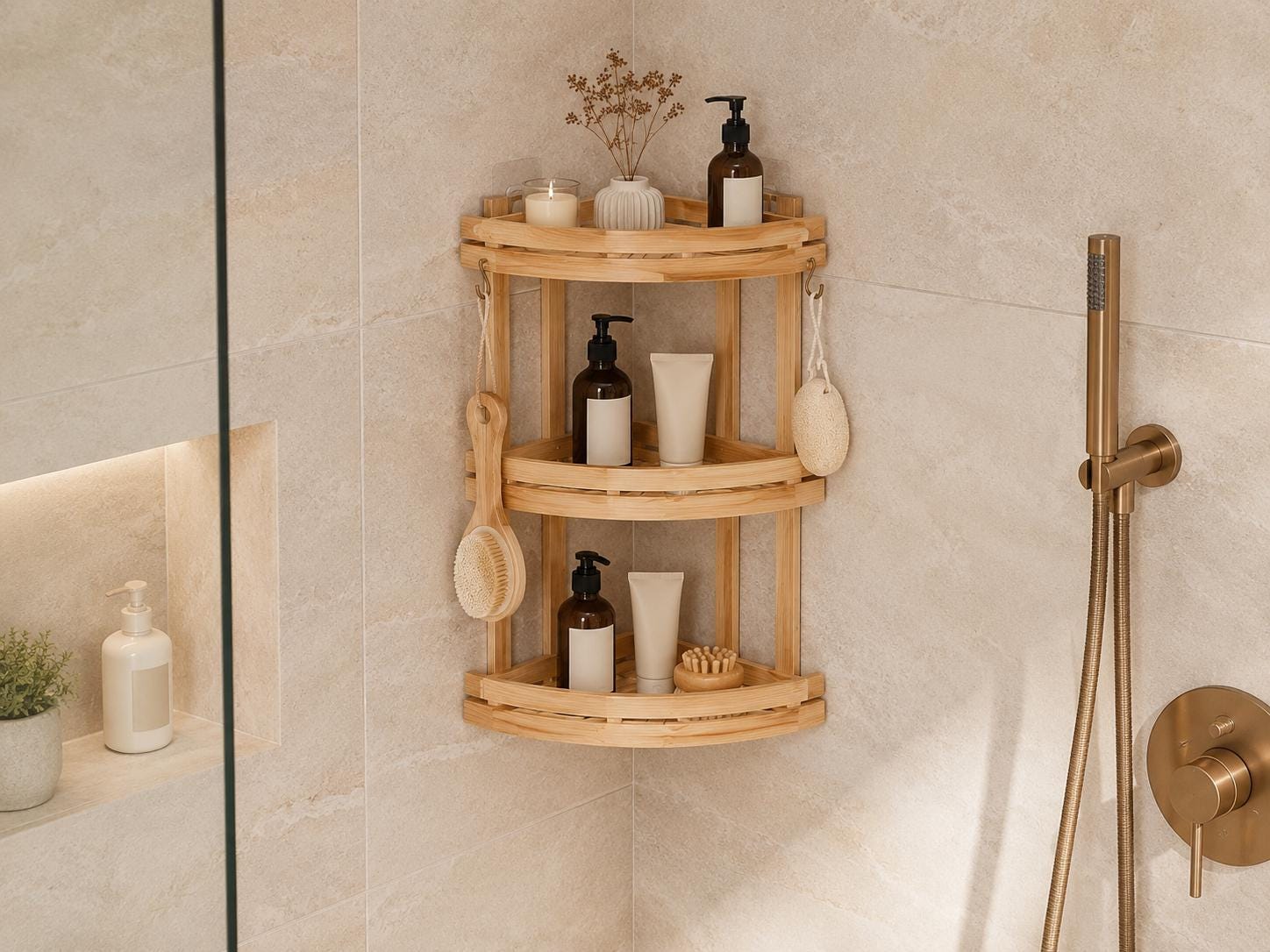 Natural Pine Wood Bathroom Storage, Eco-Friendly Shower Shelf, Stylish Home Organization, Bathroom Decor