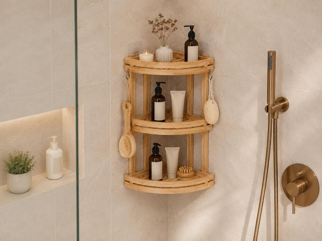 Natural Pine Wood Bathroom Storage, Eco-Friendly Shower Shelf, Stylish Home Organization, Bathroom Decor