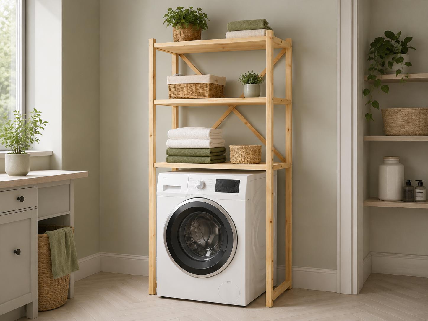Over-Washer Storage Rack | Natural Solid Pine, 3 Shelves, Space-Saving Utility