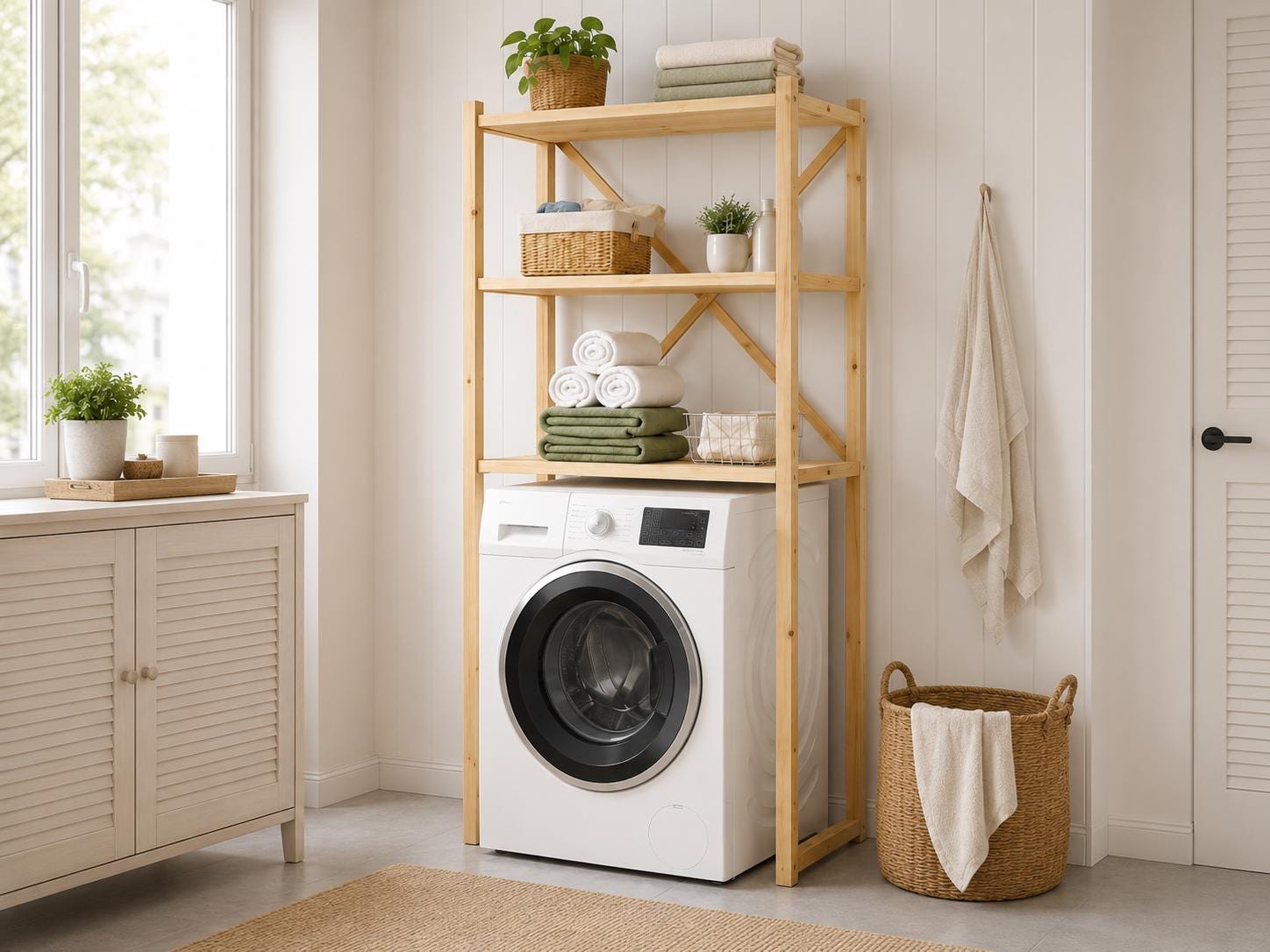 Over-Washer Storage Rack | Natural Solid Pine, 3 Shelves, Space-Saving Utility