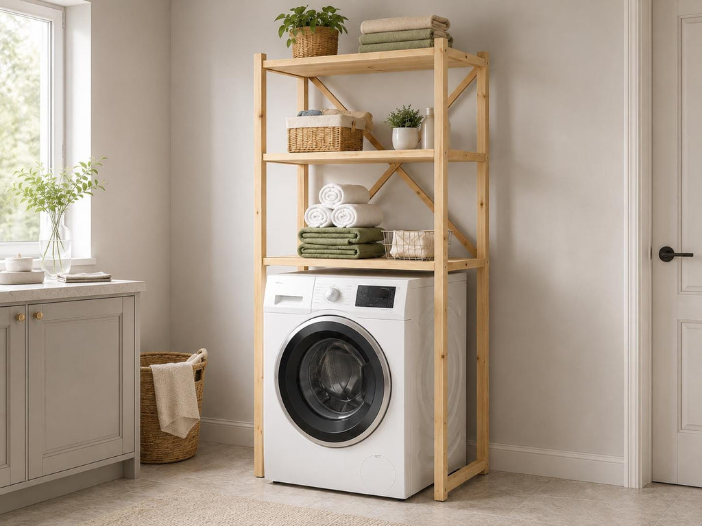 Over-Washer Storage Rack | Natural Solid Pine, 3 Shelves, Space-Saving Utility