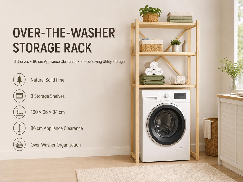 Over-Washer Storage Rack | Natural Solid Pine, 3 Shelves, Space-Saving Utility
