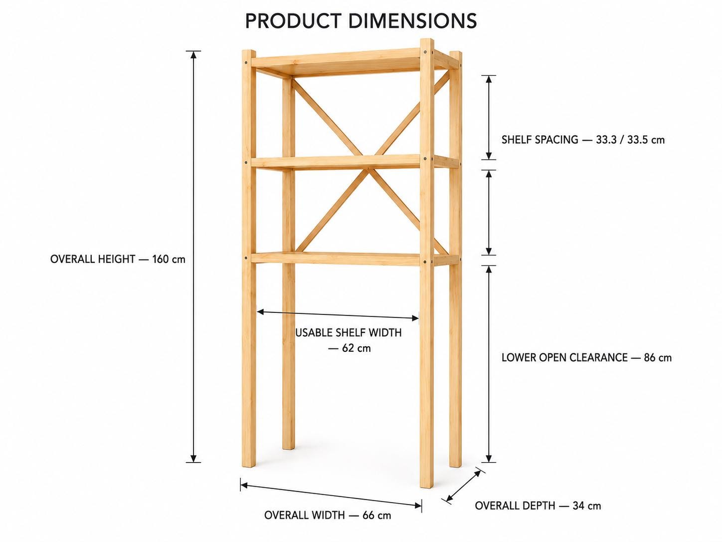 Over-Washer Storage Rack | Natural Solid Pine, 3 Shelves, Space-Saving Utility