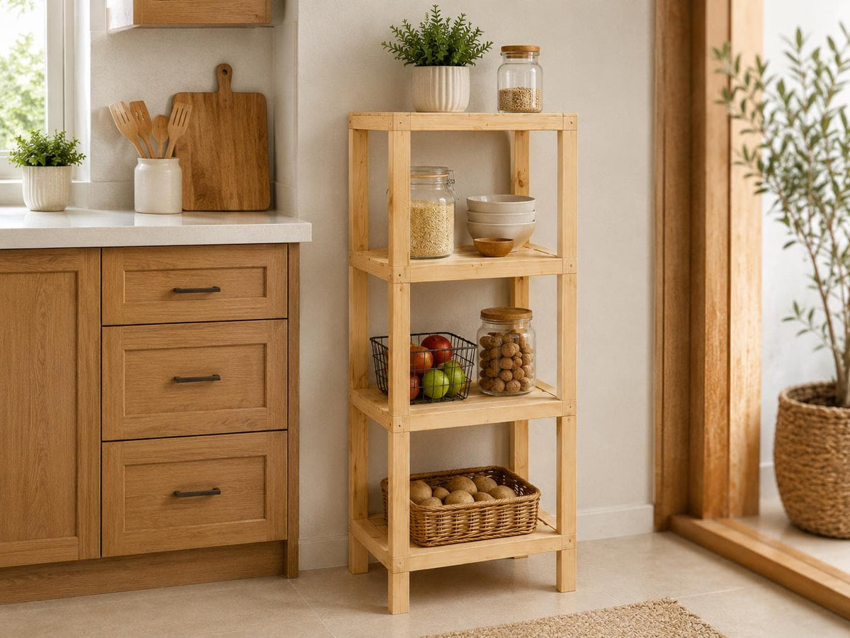 Natural Pine Wood 4-Tier Shelf | Compact Open Storage Rack