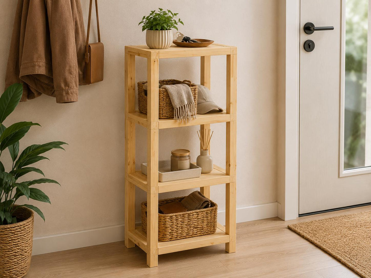 Natural Pine Wood 4-Tier Shelf | Compact Open Storage Rack