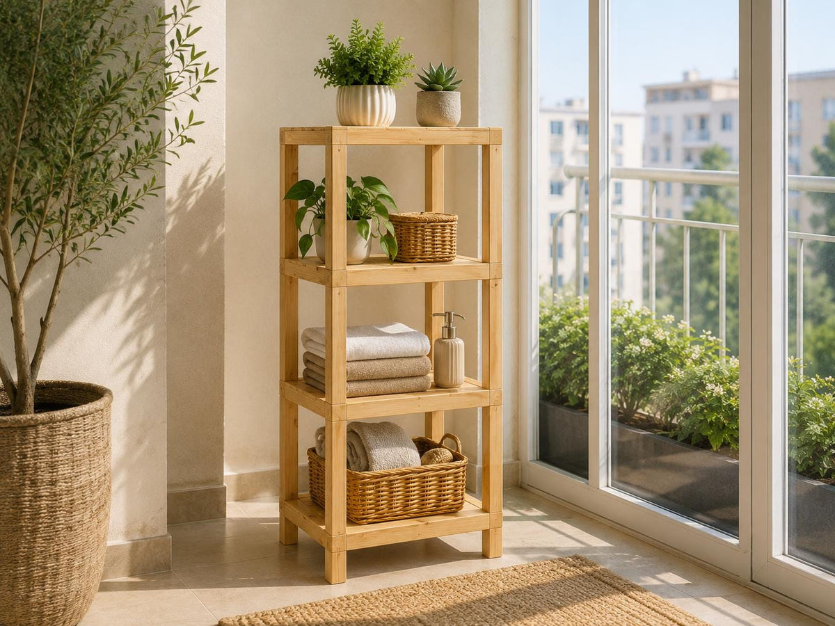 Natural Pine Wood 4-Tier Shelf | Compact Open Storage Rack
