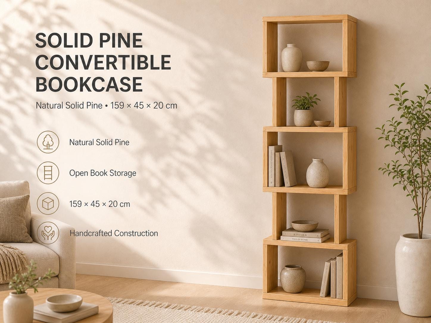 Natural Pine Wood Shelf Unit with Six Shelves