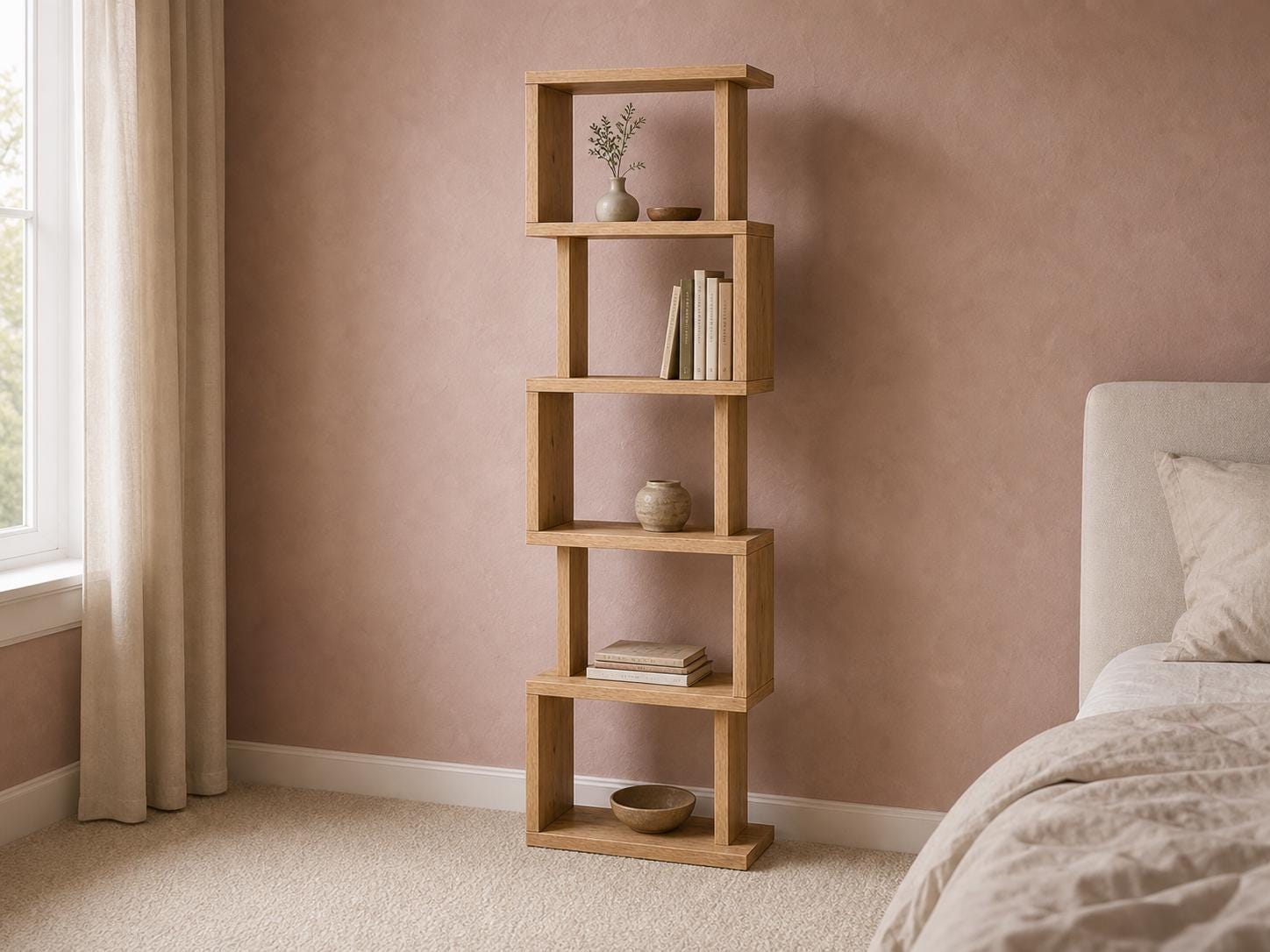 Natural Pine Wood Shelf Unit with Six Shelves