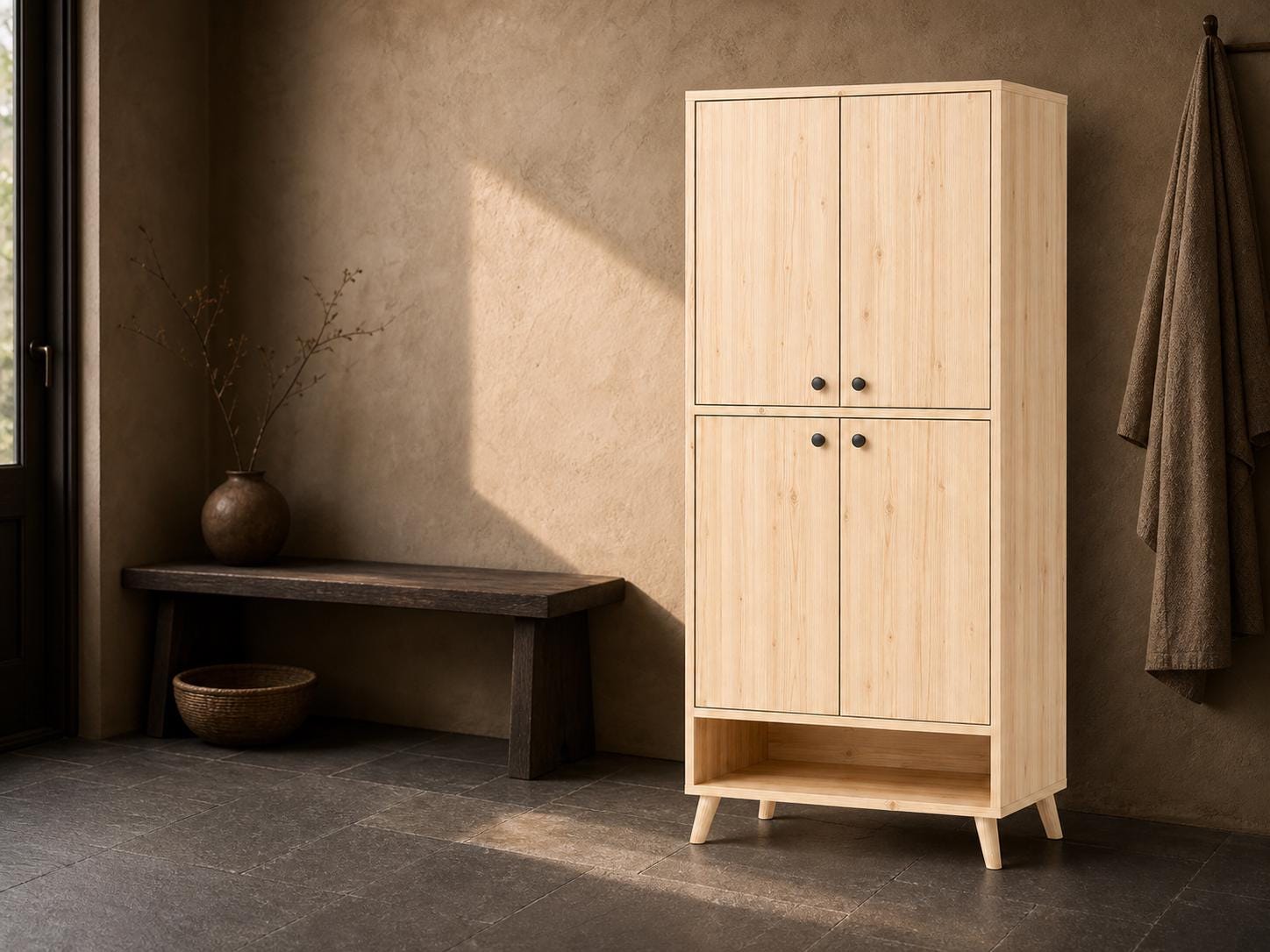 Natural Pine 4-Door 5-Shelf Wooden Storage Cabinet - Multipurpose