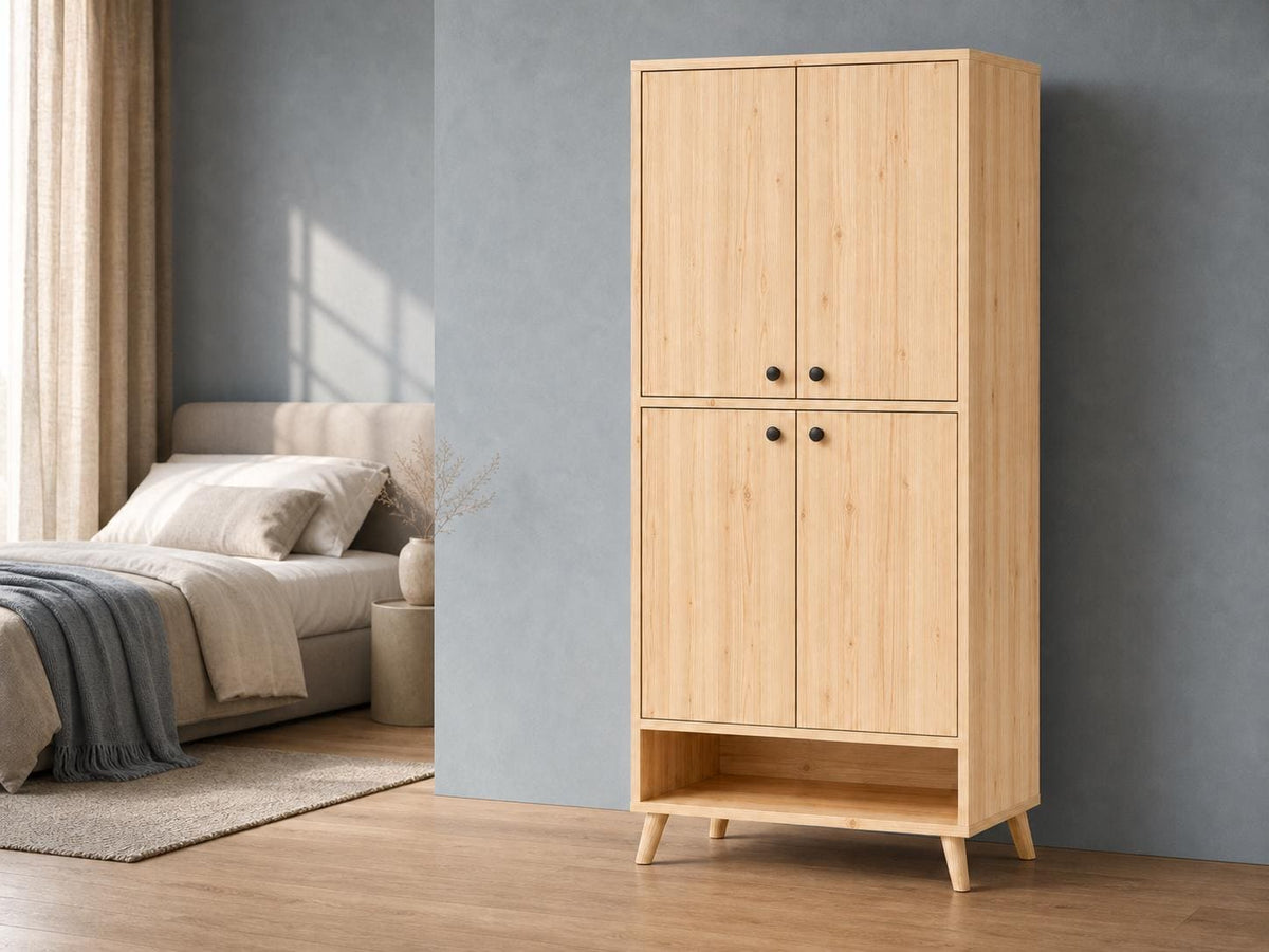 Natural Pine 4-Door 5-Shelf Wooden Storage Cabinet - Multipurpose