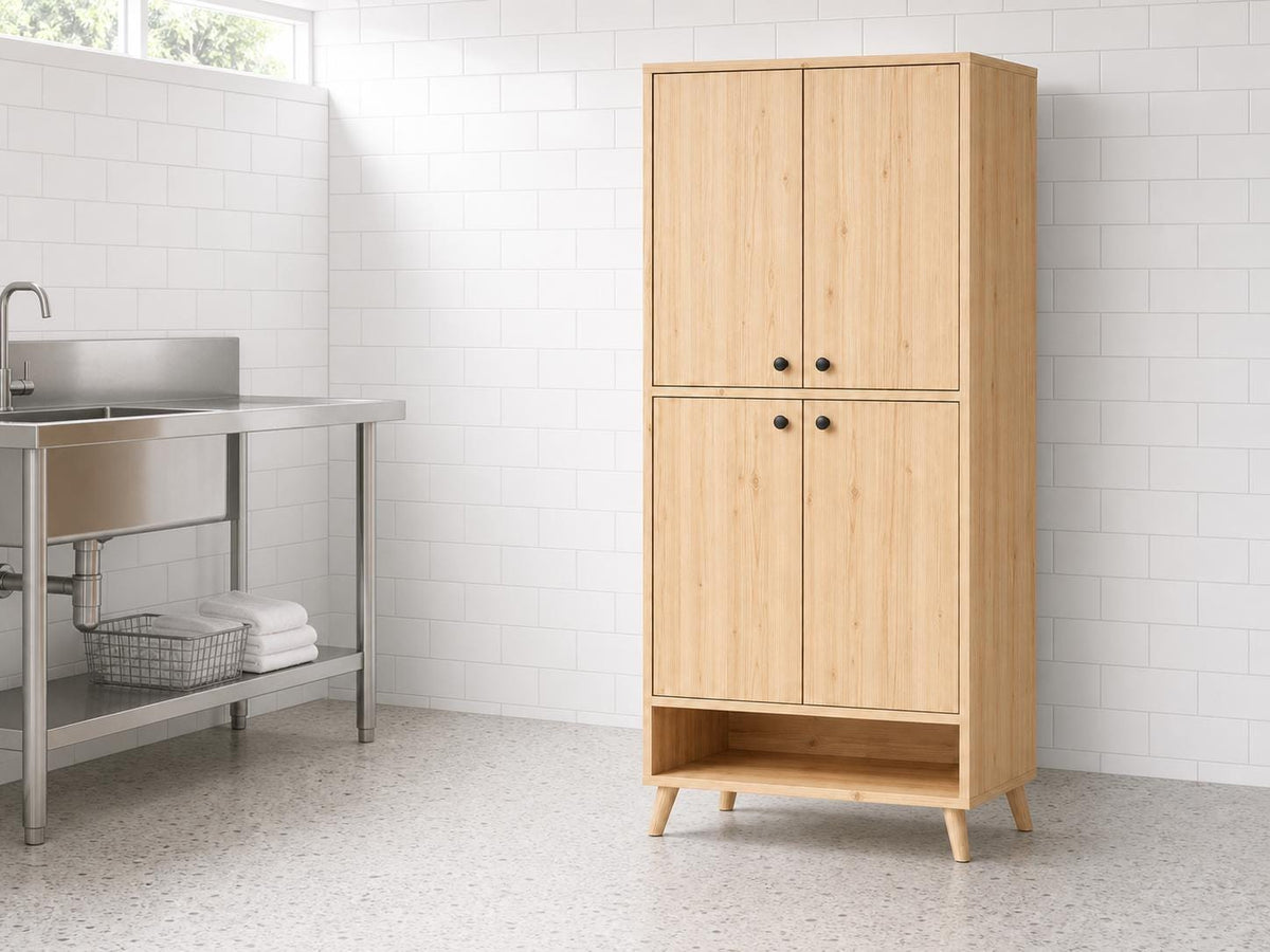 Natural Pine 4-Door 5-Shelf Wooden Storage Cabinet - Multipurpose