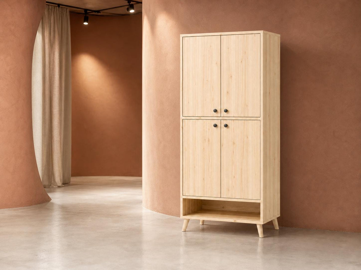 Natural Pine 4-Door 5-Shelf Wooden Storage Cabinet - Multipurpose
